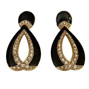 Vintage Black Enamel Crystal Rhinestone Clip On Earrings 80s Excellent Condition